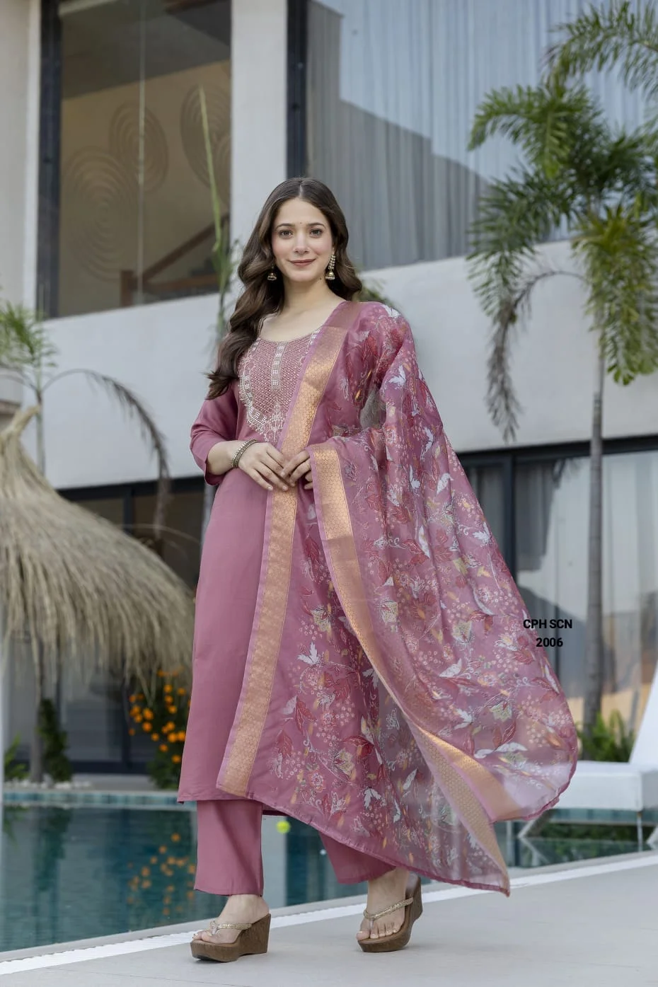 Pure Viscose Chanderi Sequence Embroidered Kurta Set